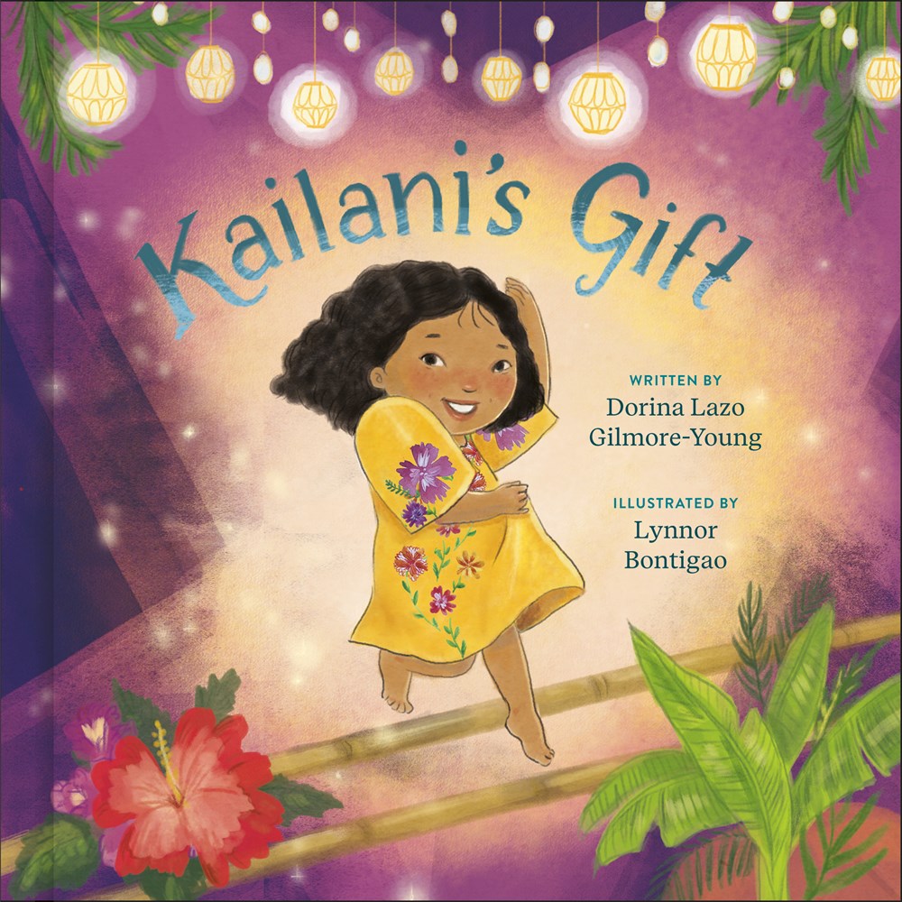 A little girl in a yellow and purple dress dancing the tinikling against a purple, green and yellow background with text "Kailani's Gift"