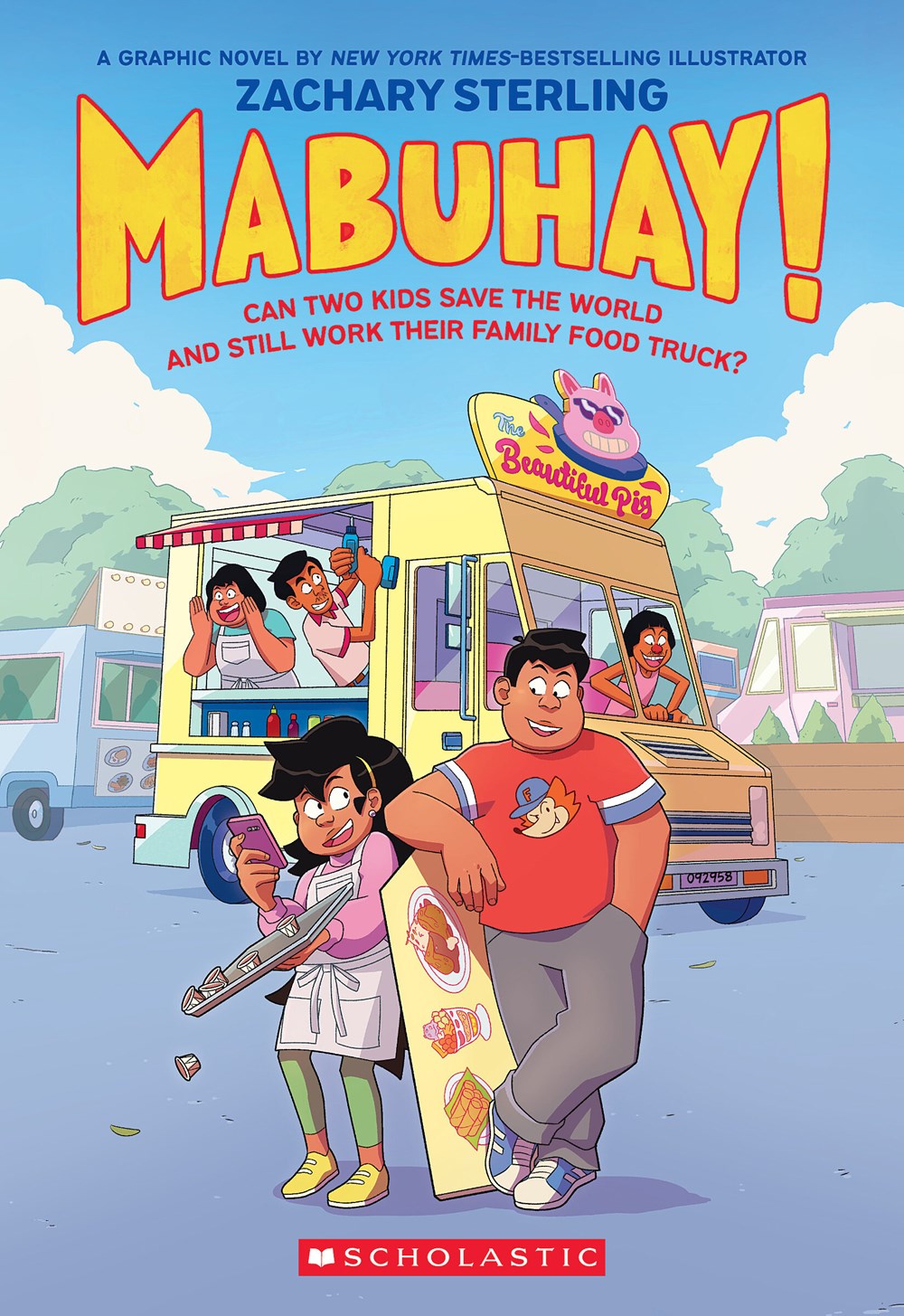 Cover of the graphic novel 'Mabuhay!' featuring two kids with a food truck in the background, written and illustrated by Zachary Sterling.