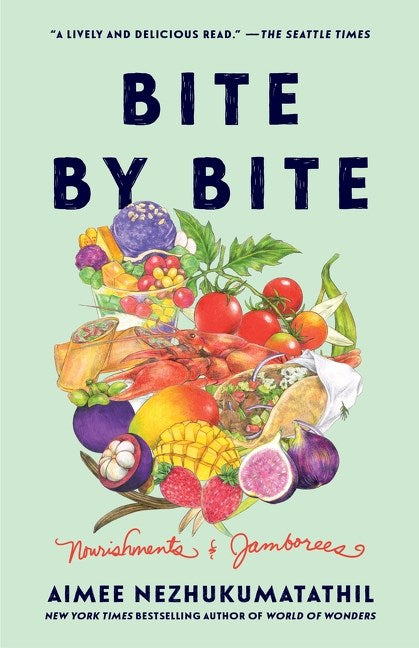 Book cover of 'Bite by Bite' by Aimee Nezhukumatathil with colorful illustrations of fruits and vegetables on a light green background.
