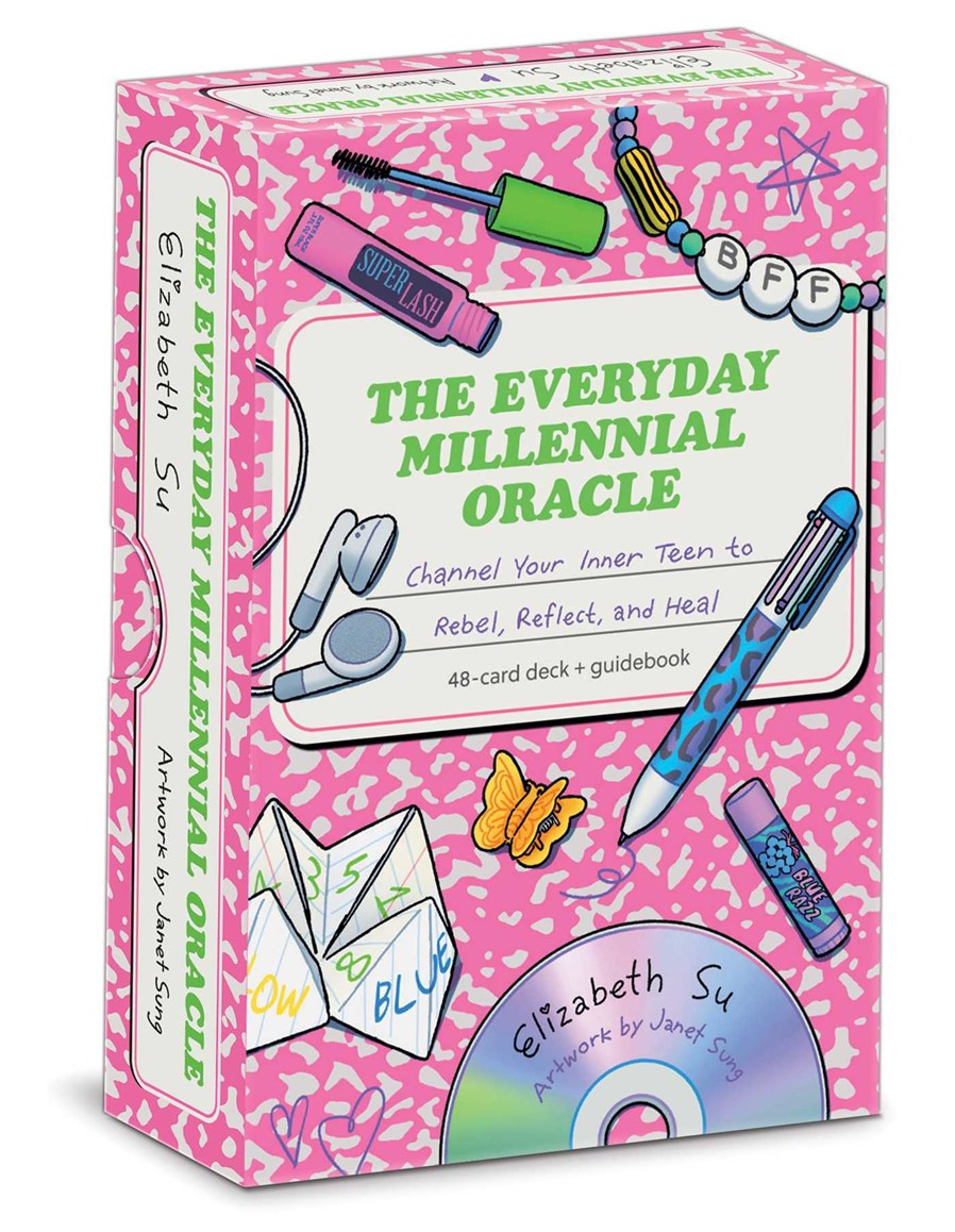 Pink cover of 'The Everyday Millennial Oracle' by Elizabeth Su, artwork by Janet Sung, with 90s inspired illustrations.