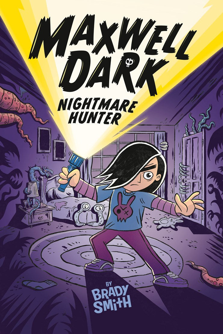 Book cover of 'Maxwell Dark: Nightmare Hunter' by Brady Smith with a character holding a flashlight in a dark room.
