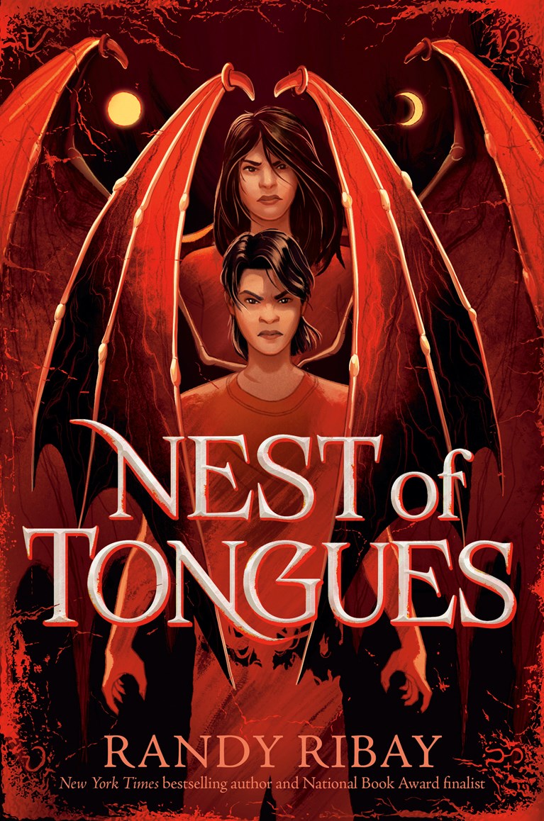Book cover for 'Nest of Tongues' by Randy Ribay, featuring two young people with large red bat wings against a dark red background with moons and stars.