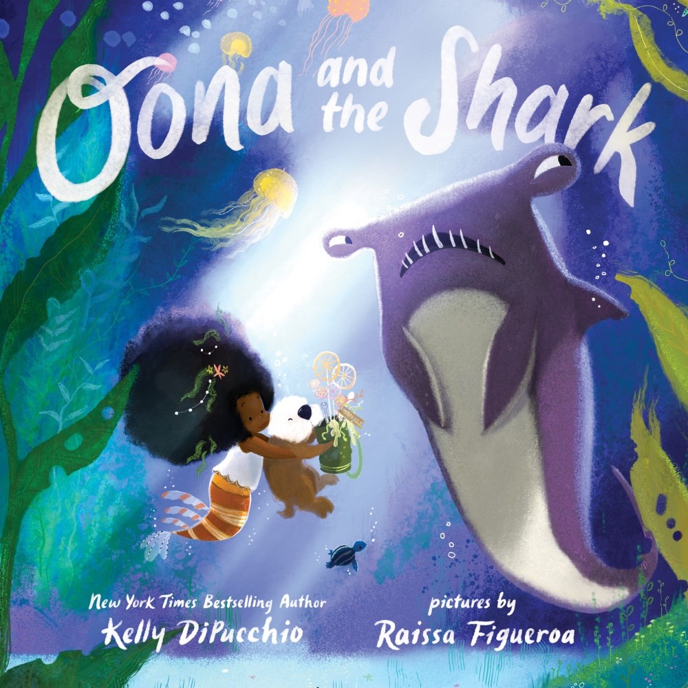 Book cover of 'Oona and the Shark' by Kelly DiPucchio, illustrated by Raisa Figueroa, with a girl, an otter, and shark underwater.