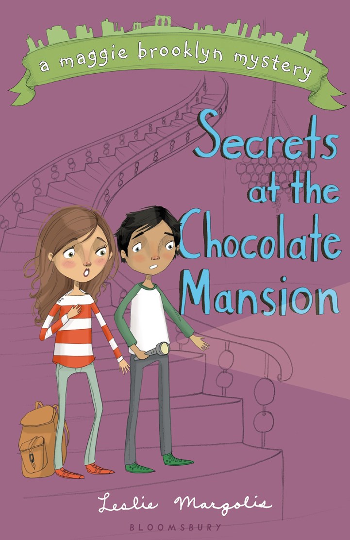 Book cover of 'Secrets at the Chocolate Mansion' by Leslie Margolis featuring two children on a staircase.