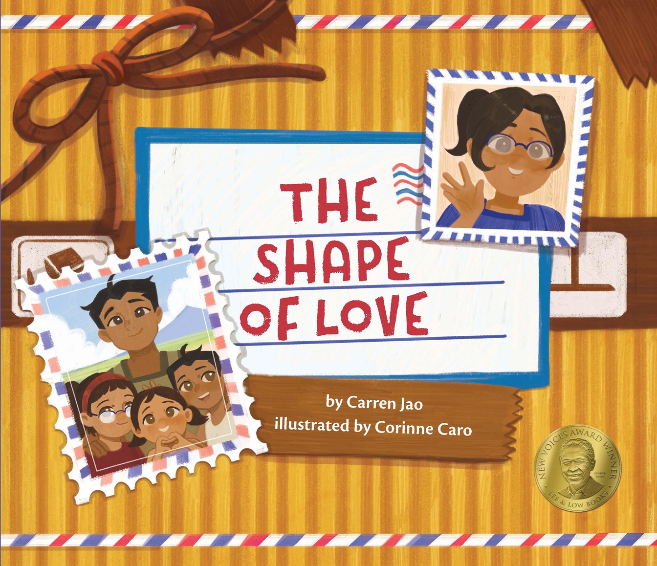 Book cover of 'The Shape of Love' by Carren Jao and illustrated by Corinne Caro, with postage stamp photos of a young woman waving and a young man with three children smiling and a "New Voices Award Winner" from Lee & Low Books sticker in the bottom right corner.