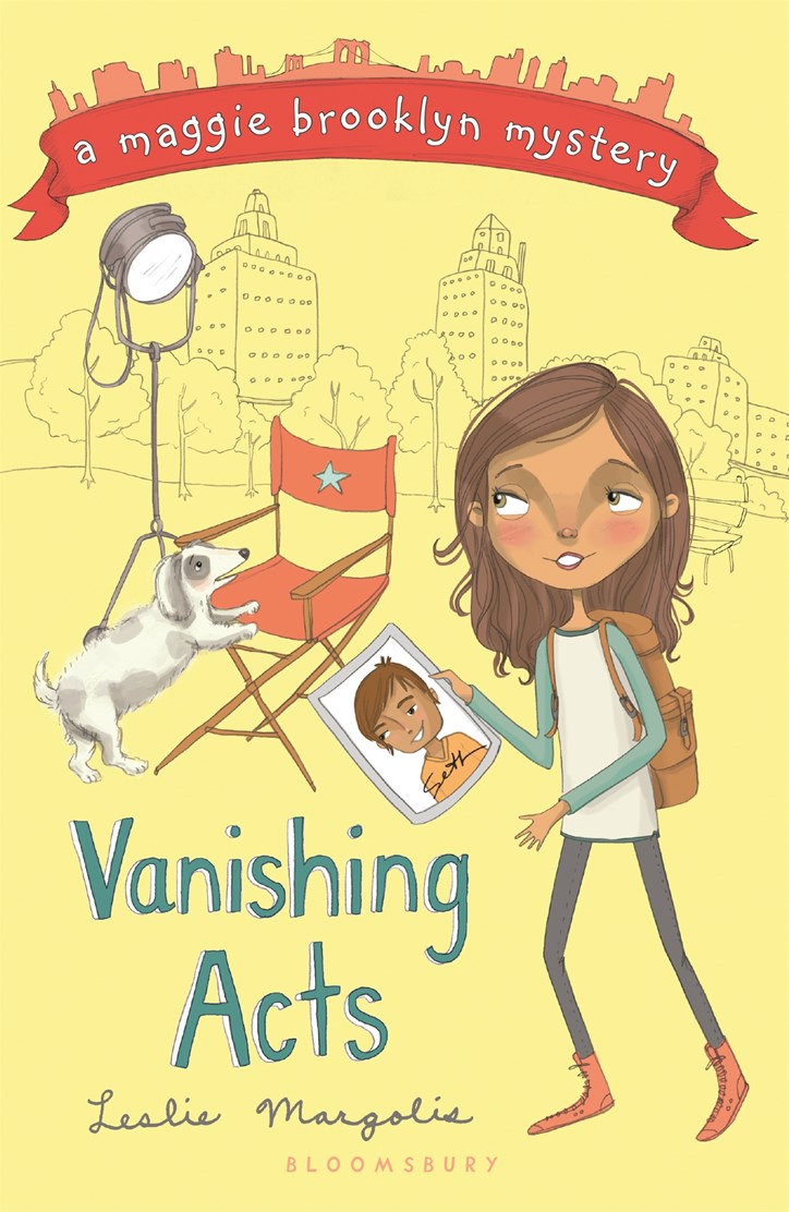 Book cover of 'Vanishing Acts' by Leslie Margolis, featuring a girl with a dog and director's chair, set against a cityscape.