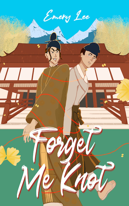 Illustrated book cover for 'Forget Me Knot' by Emery Lee, featuring two men in traditional Japanese-style garments standing in front of a wooden structure and mountains, with large stylized title text across the lower half.