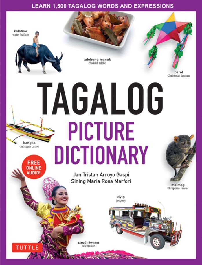 Tagalog Picture Dictionary book cover with colorful illustrations and text.