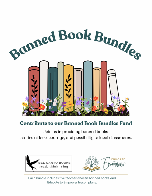 Colorful books sitting up on grass and flowers with text "Banned Book Bundles"