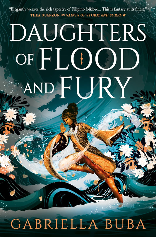 Book cover of 'Daughters of Flood and Fury' with a woman in a boat amidst water and flowers.