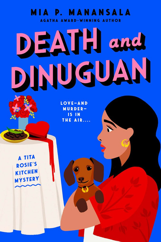 Book cover of 'Death and Dinuguan' with a woman holding a dog and a table with food.