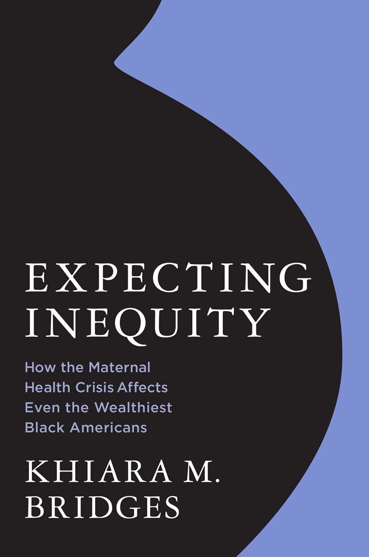 Book cover of 'Expecting Inequity' by Khiara M. Bridges with a black pregnant body in silhouette against a blue background.