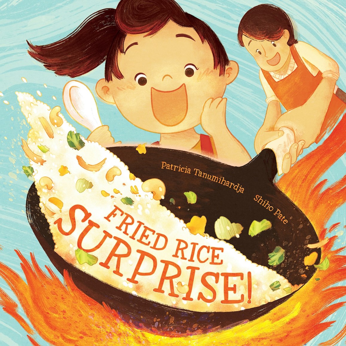 Book cover of 'Fried Rice Surprise!' by Patricia Tanumihardja and Shiho Pate with two excited children making a large wok full of fried rice.
