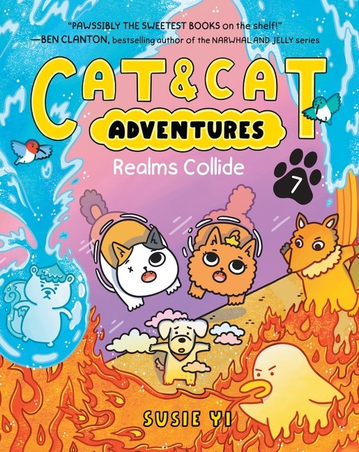Book cover of 'Cat & Cat Adventures: Realms Collide' by Susie Yi with colorful design and cartoon characters.