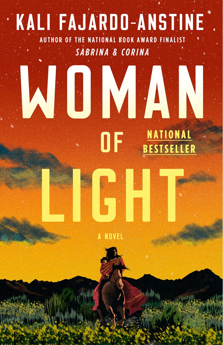 Book cover of 'Woman of Light' by Kali Fajardo-Anstine with a desert scene and rider.